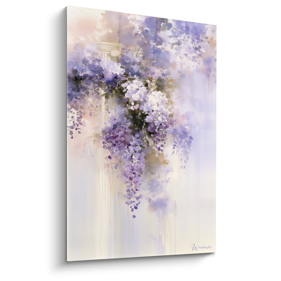 Tableau Colonne antique sous grappes mauves et blanches - Coulures d'aquarelle - Edition Glycine