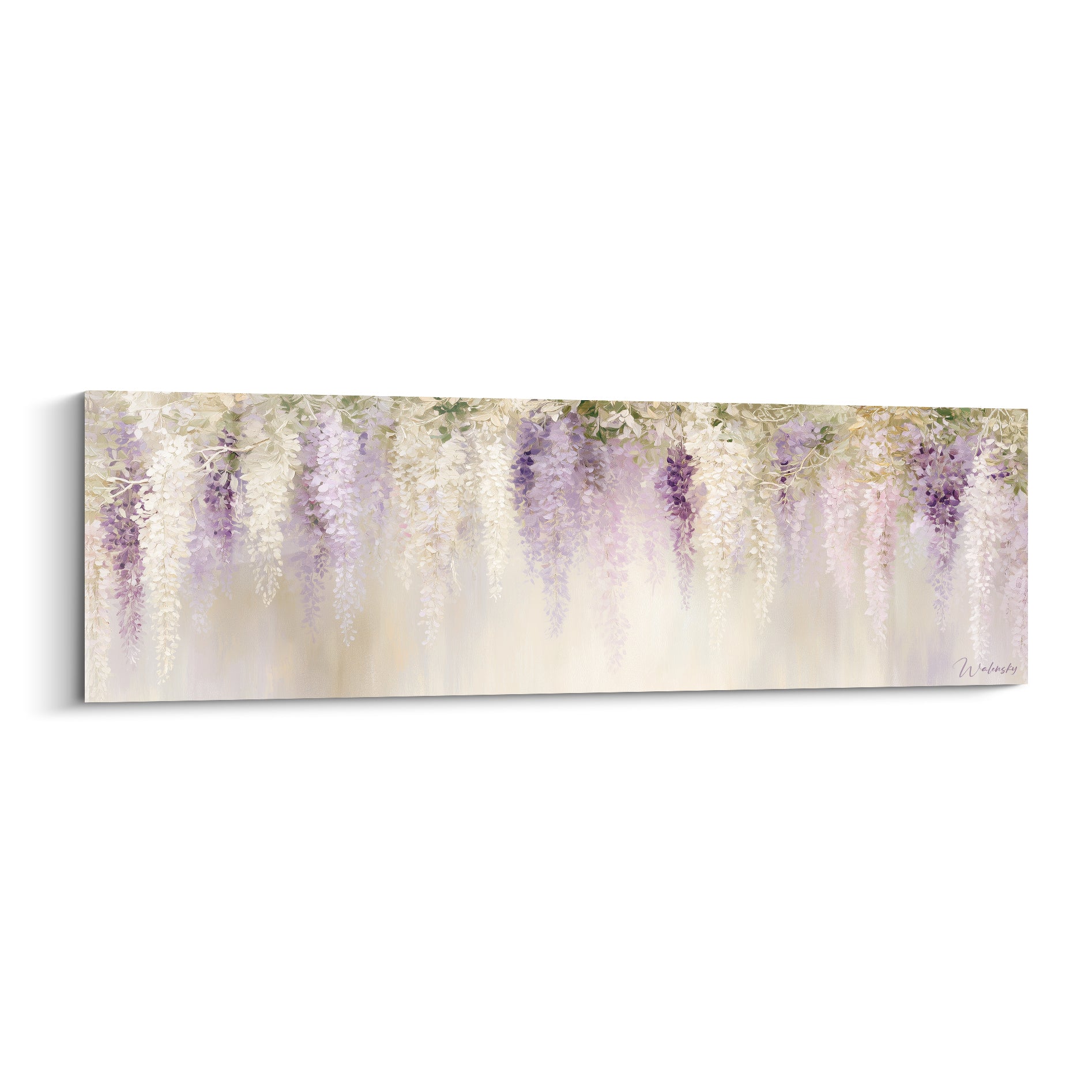 Glycine mauve et blanche en cascade florale, fond crème dégradé, style impressionniste doux