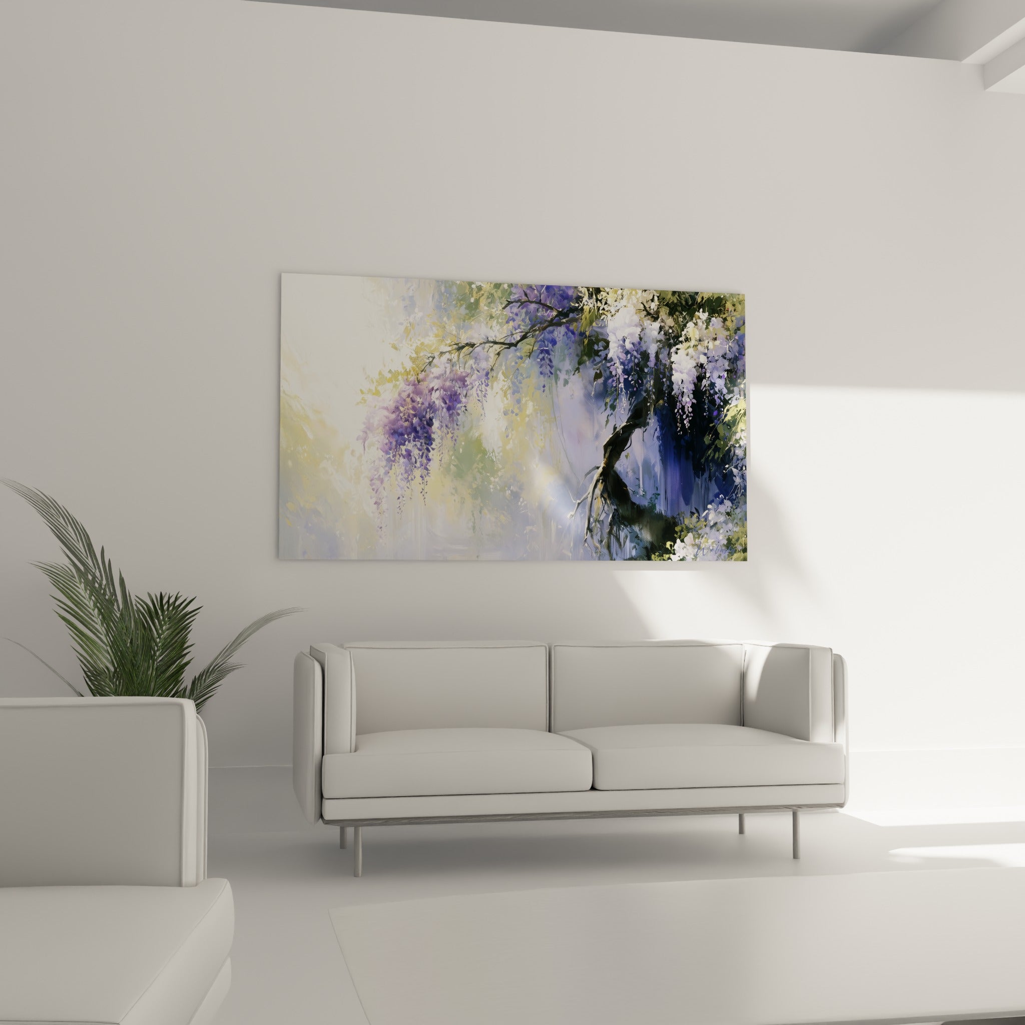 Fleurs de glycine mauve et blanc cassé aux touches fluides, tableau au-dessus d'un canapé dans un salon lumineux
