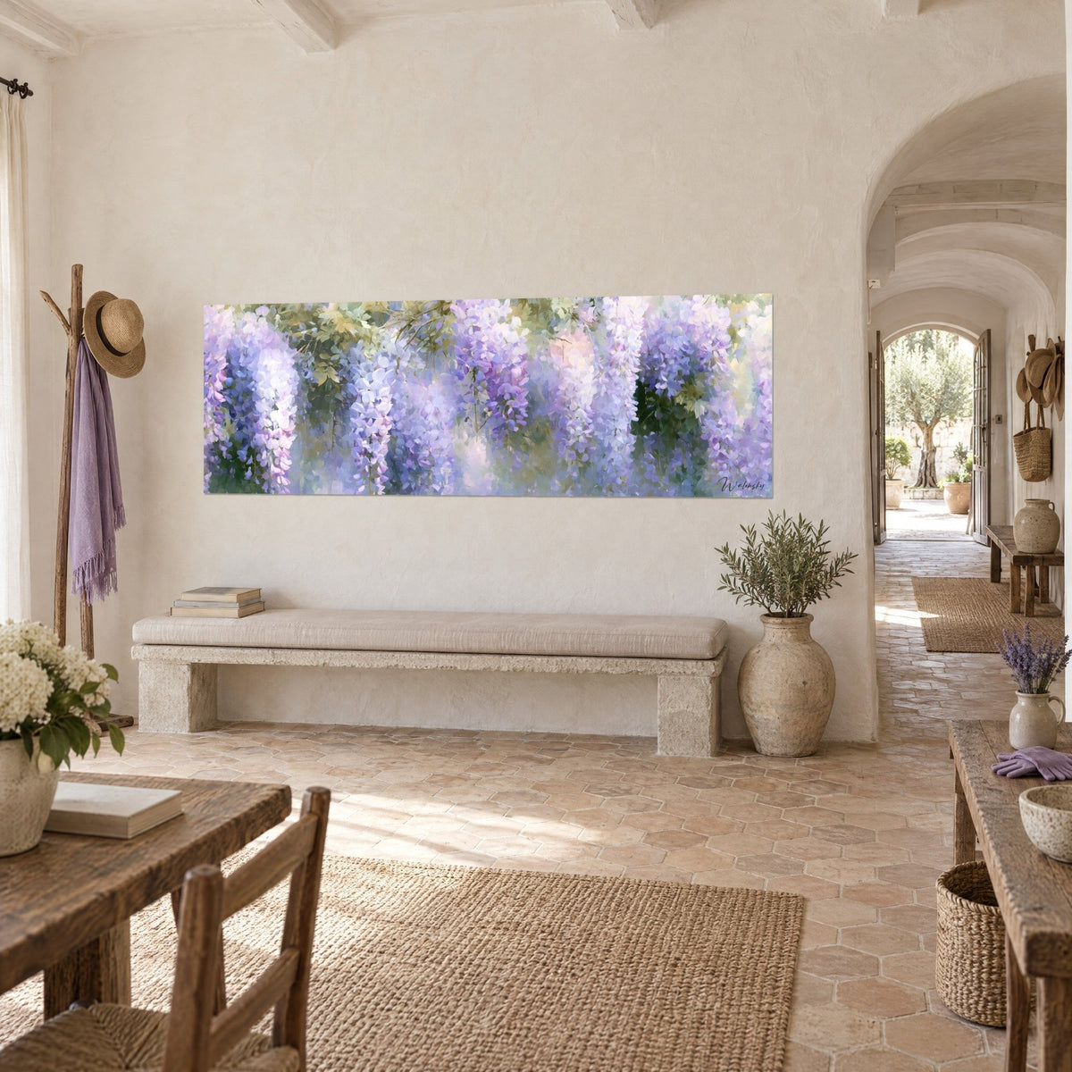 Wall art curtain of lilac and white flowers in a stretched panoramic format, sage background, on the wall of a Provençal farmhouse, three-quarter view