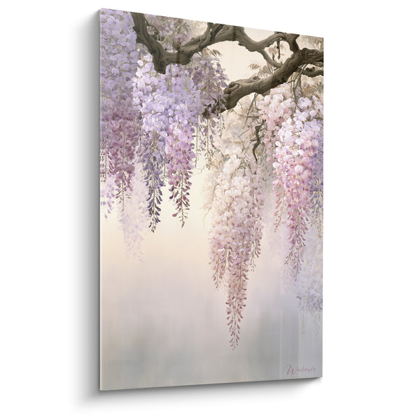 Tableau Branche noueuse aux grappes mauves et roses pâles - Fond brumeux clair - Edition Glycine