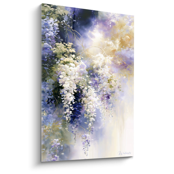 Tableau Grappes blanches et bleu indigo aux vrilles dorées - Lumière diffuse laiteuse - Edition Glycine