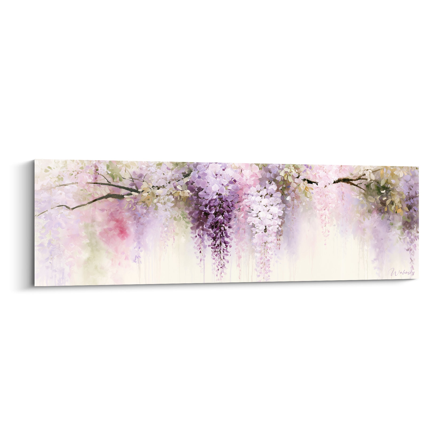Glycine mauve et blanche en grappes suspendues sur fond ivoire, style aquarelle délicat