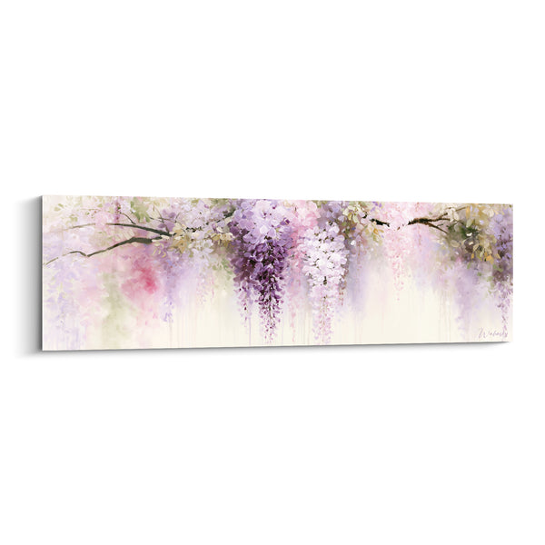 Tableau Grappes violettes et roses sur fond ivoire diffus - Branche horizontale double bouquet - Edition Glycine