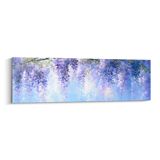 Glycine mauve et bleu ciel en grappes suspendues, touches picturales fluides et lumineuses