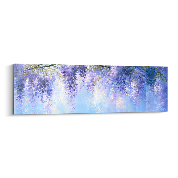 Tableau Grappes violettes et bleu pâle tombant d'une branche fine - Lumière tamisée diffuse - Edition Glycine