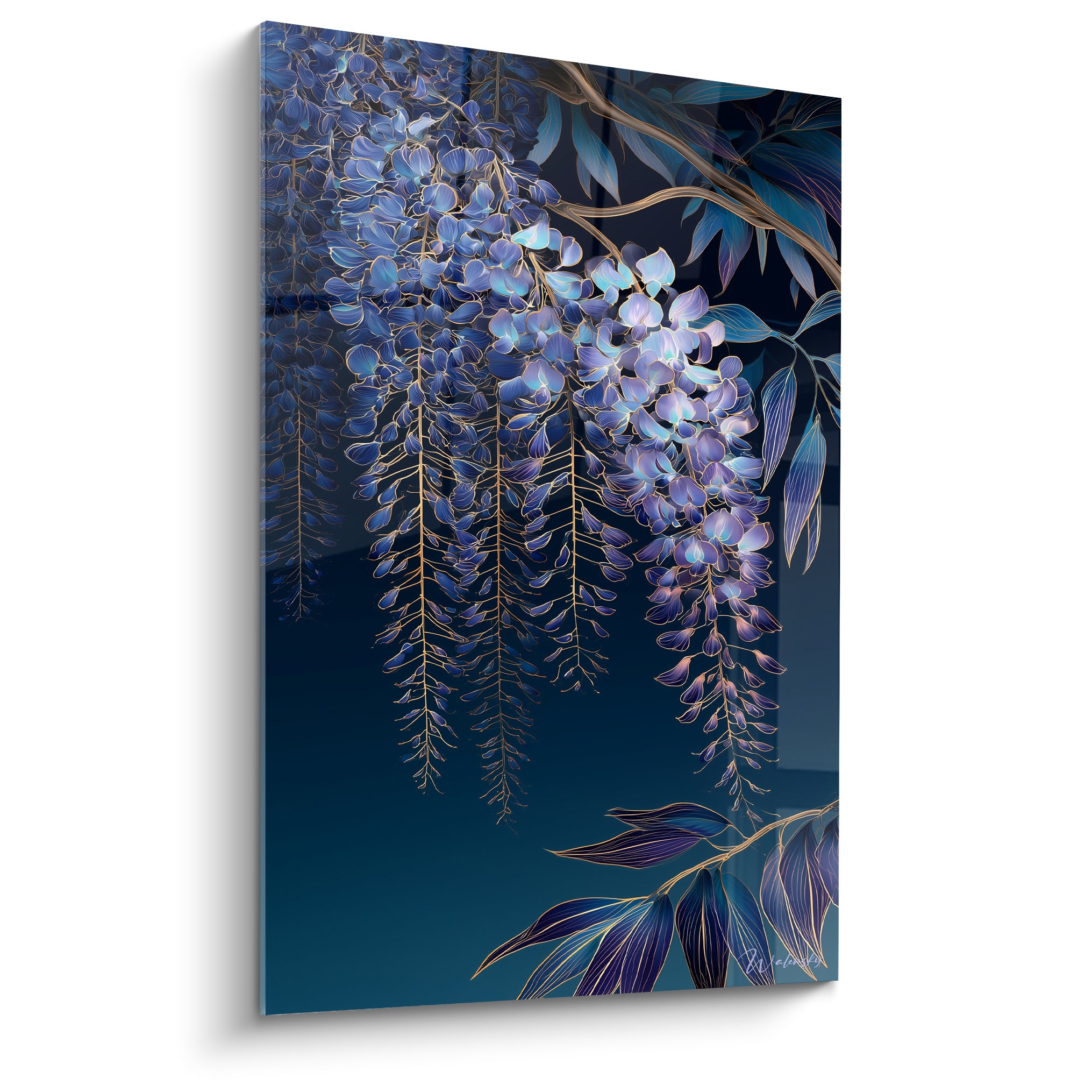 Glycine mauve en cascade, fond bleu nuit et fins contours dorés sur les pétales