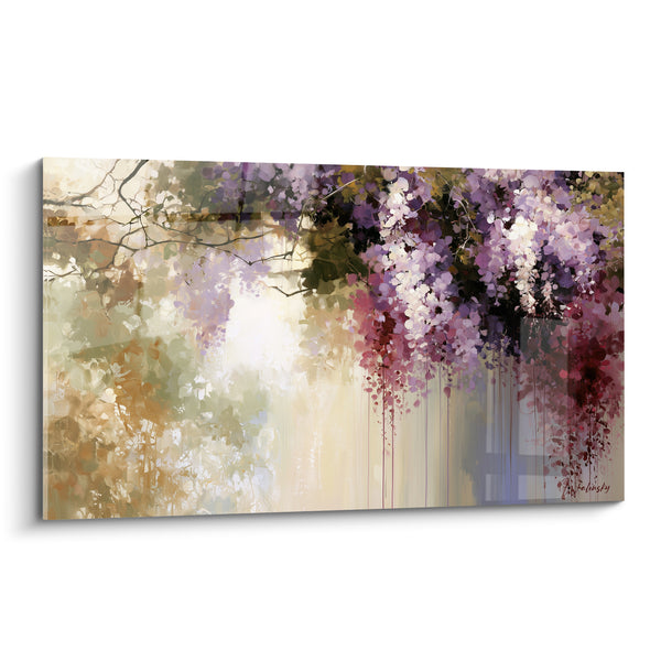 Tableau Grappes mauves et pourpres aux coulures rubis - Lumière tamisée dorée - Edition Glycine