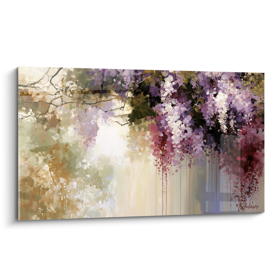 Tableau Grappes mauves et pourpres aux coulures rubis - Lumière tamisée dorée - Edition Glycine