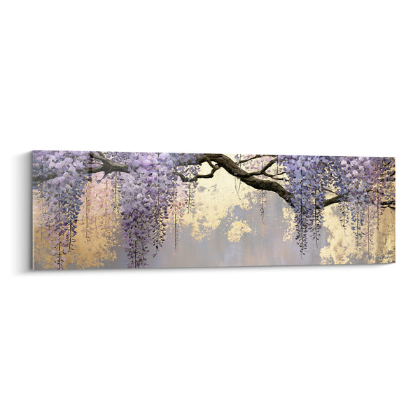 Tableau Branche horizontale mauve et dorée aux longues grappes - Éclaboussures dorées en arrière-plan - Edition Glycine