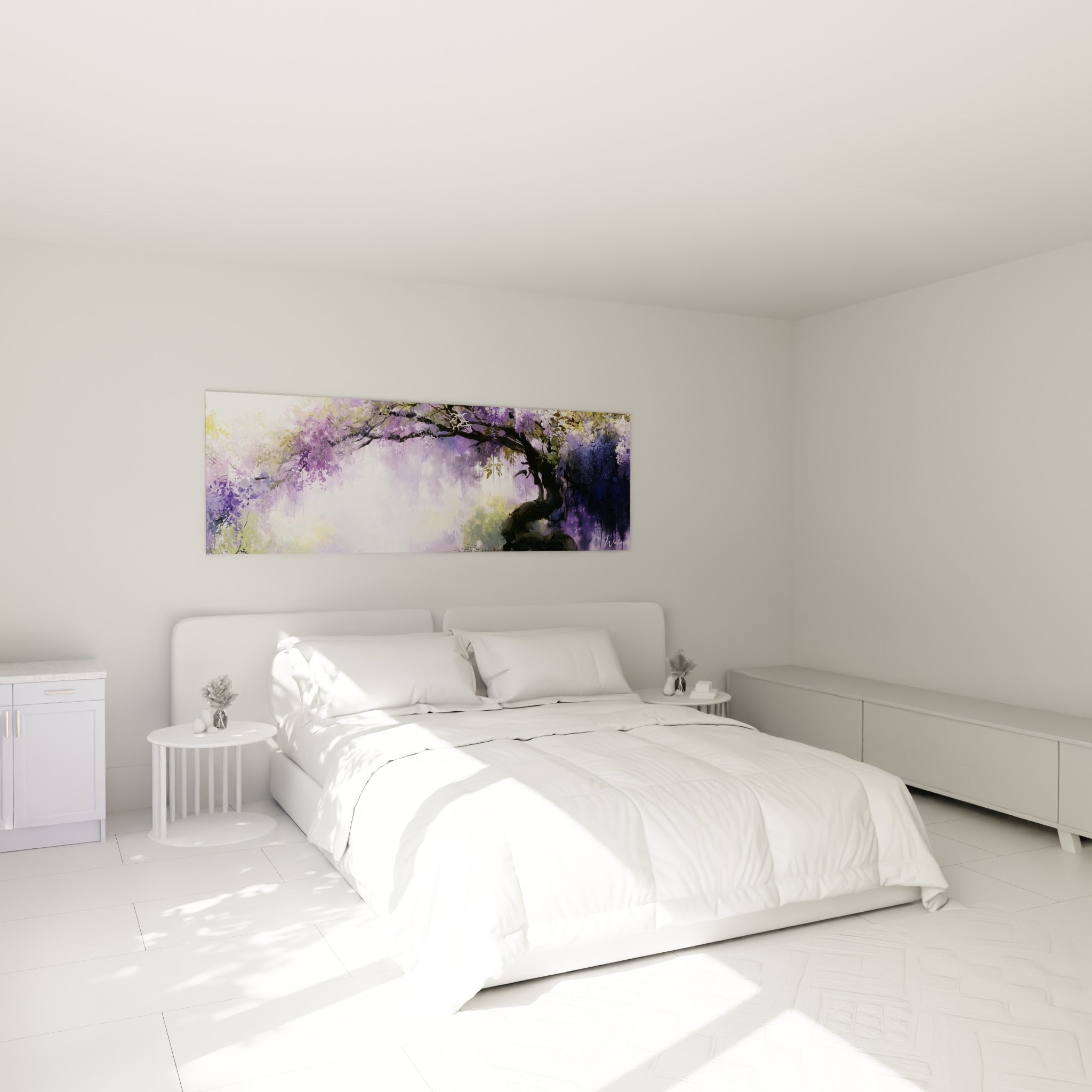 Branches de Glycine mauve et vert olive suspendues au-dessus d'un lit dans une chambre claire