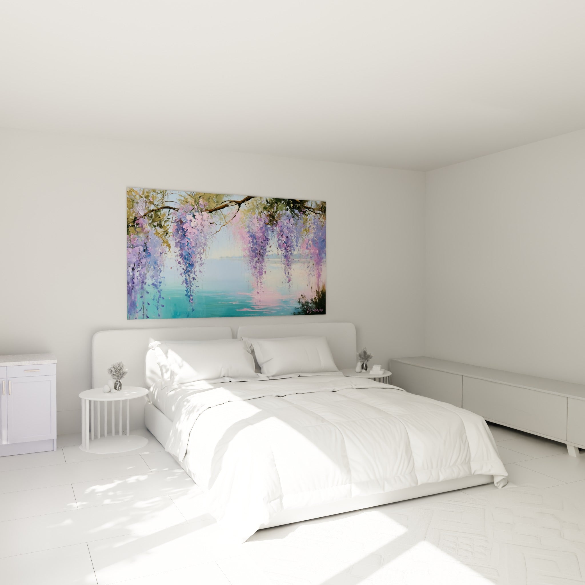 Grappes de glycine mauve peintes au couteau, accrochées au-dessus d'un lit dans une chambre claire