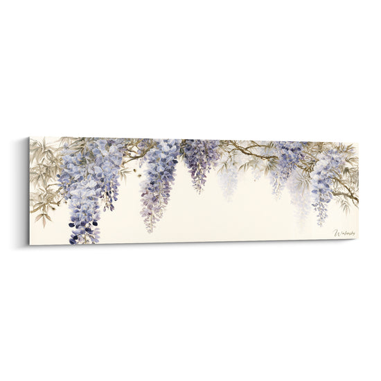 Glycine mauve et branches dorées en cascade sur fond ivoire, style aquarelle délicat