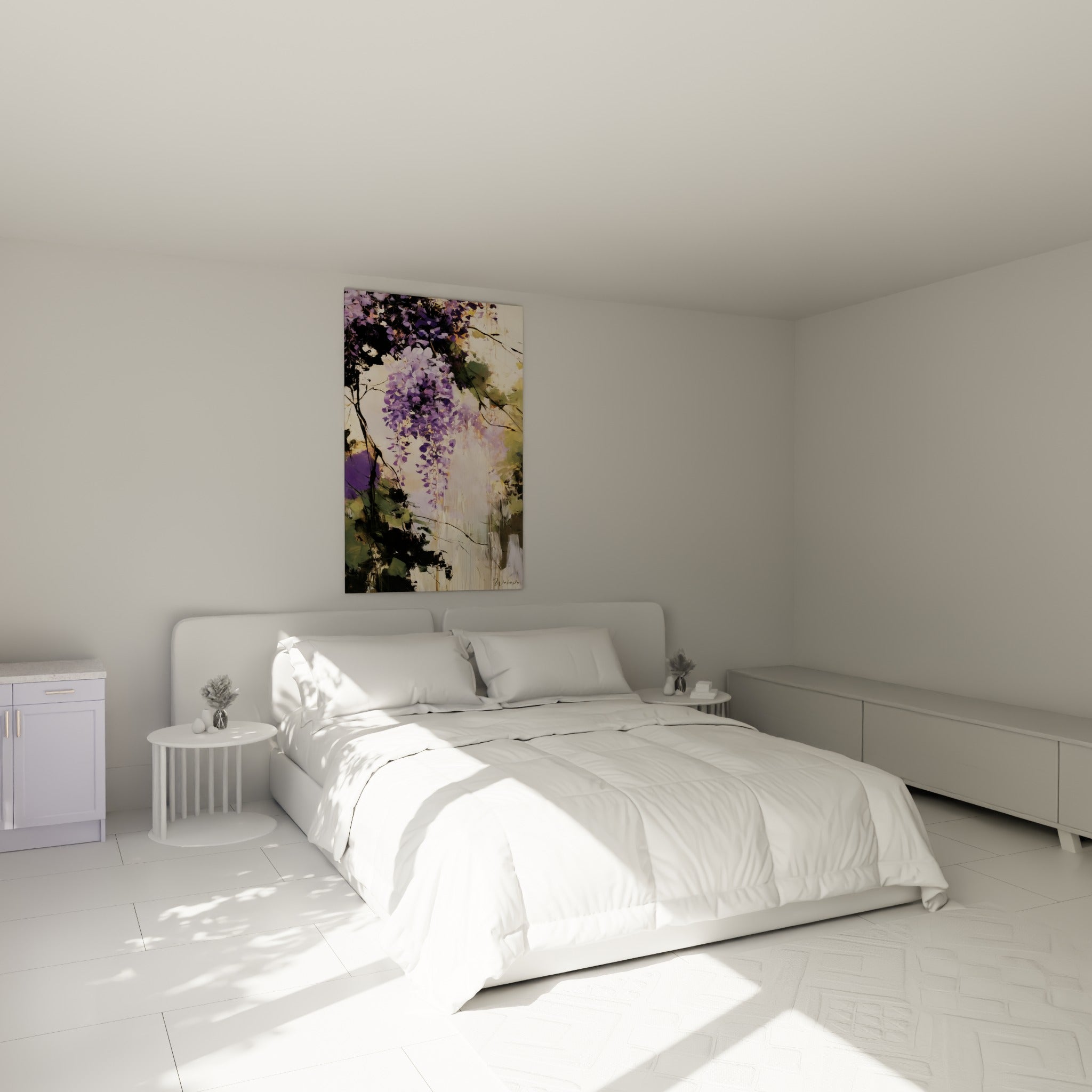 Grappes de glycine mauve et vert sauge peintes au-dessus d'un lit dans une chambre claire