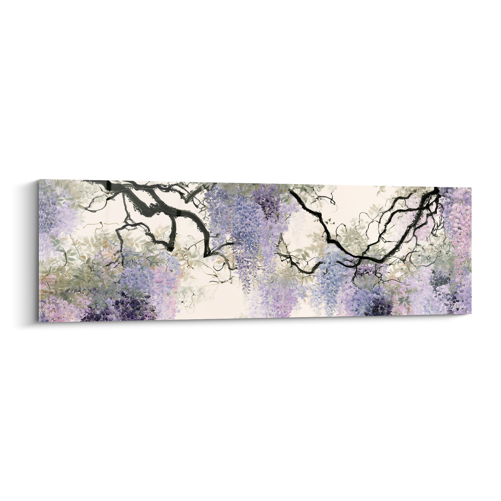 Glycine mauve et lilas suspendue à des branches noires sur fond ivoire, style japonisant