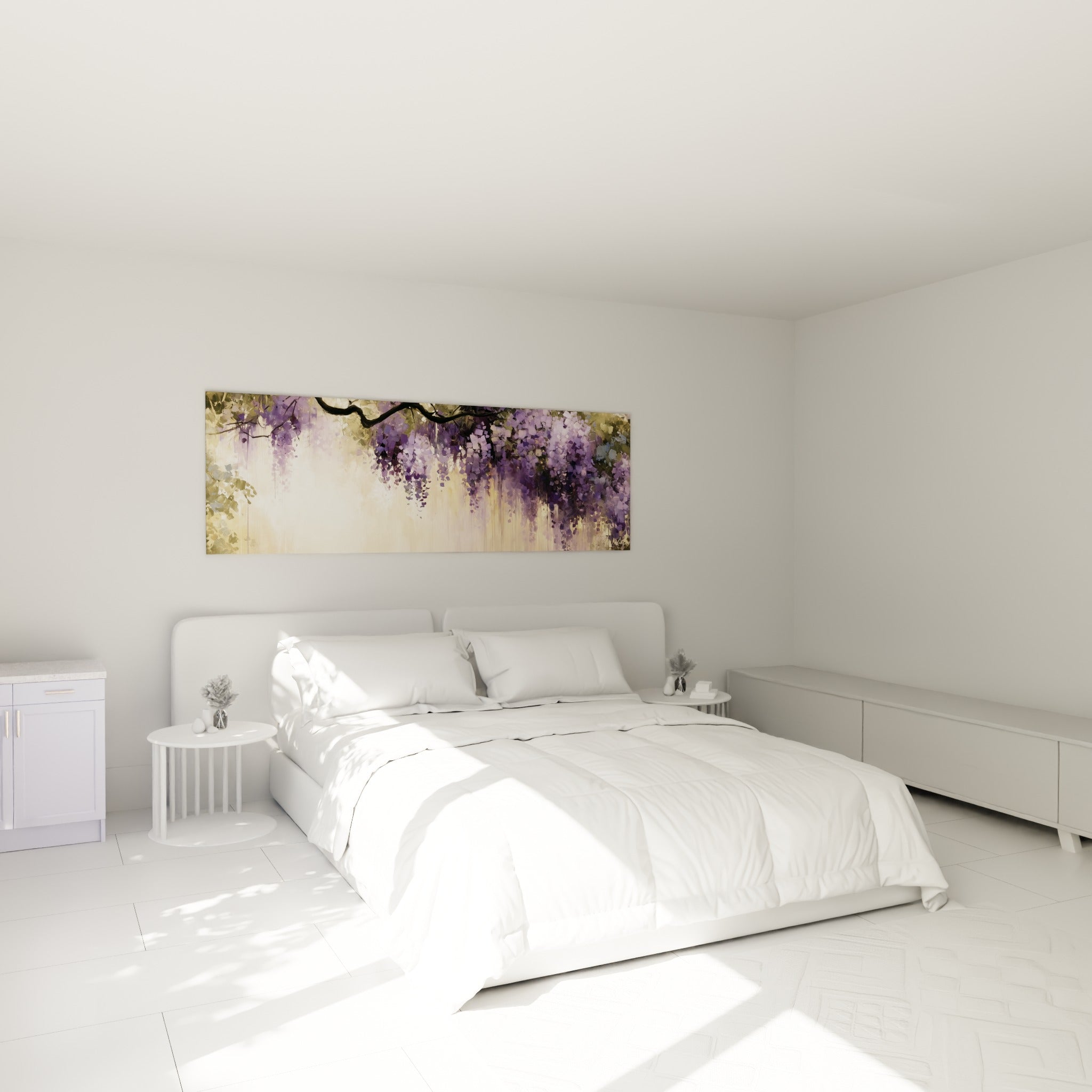 Grappes de glycine mauve et dorée peintes par touches, accrochées au-dessus d'un lit dans une chambre claire