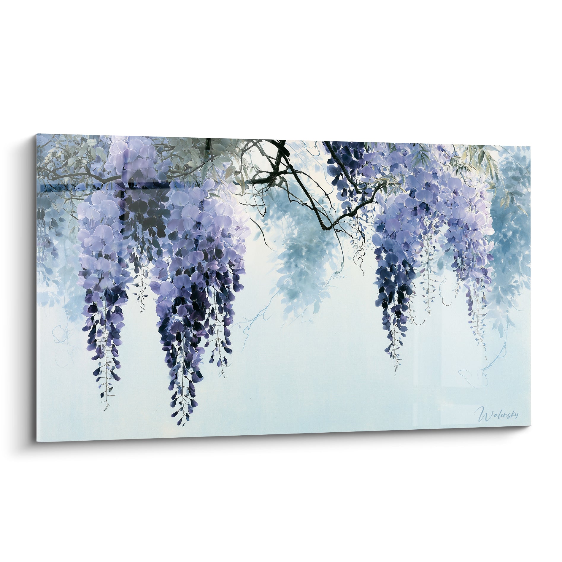 Glycine mauve et bleu ciel en grappes suspendues, branches sombres, style aquarelle vaporeux
