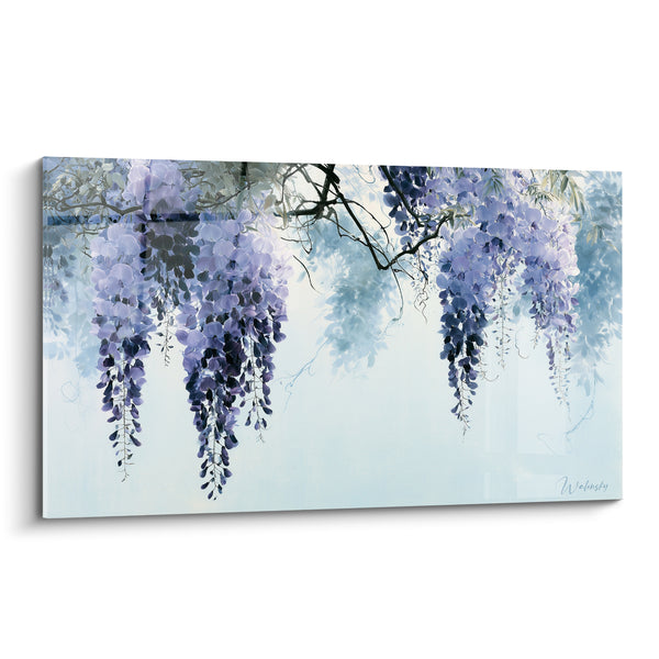 Tableau Grappes violettes et bleu pâle sur ciel embrumé - Silhouette en arrière-plan - Edition Glycine