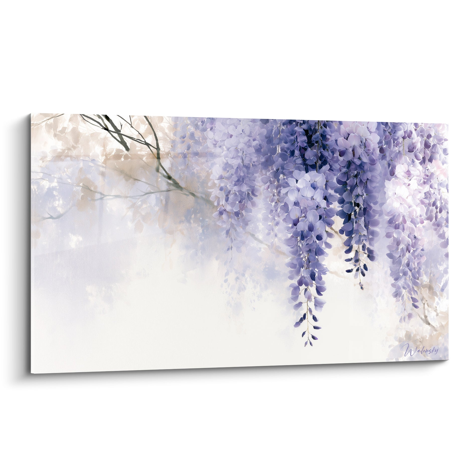 Glycine mauve aux grappes suspendues sur fond beige brumeux, style aquarelle japonisant délicat