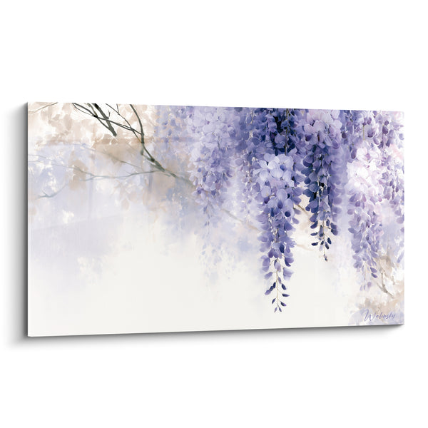 Tableau Grappes mauves et blanches sur fond beige brumeux - Branche fine dénudée - Edition Glycine
