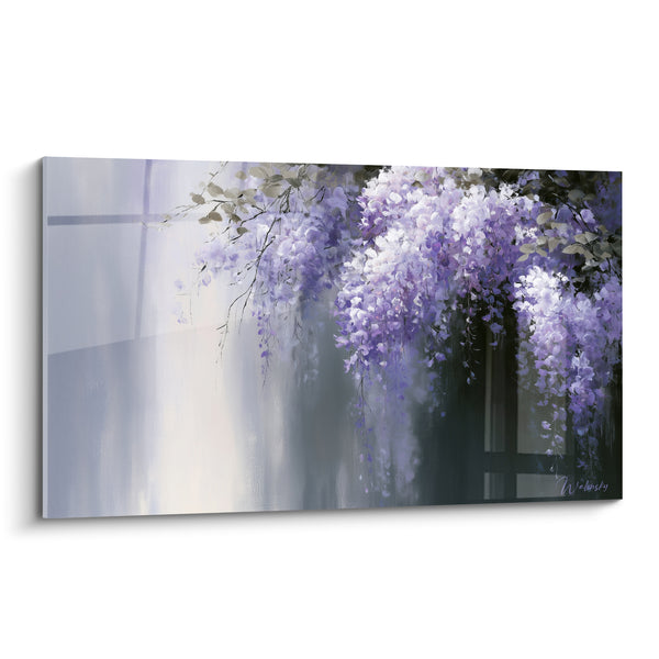 Tableau Grappes mauves et blanches surplombant une eau grise - Reflet argenté immobile - Edition Glycine