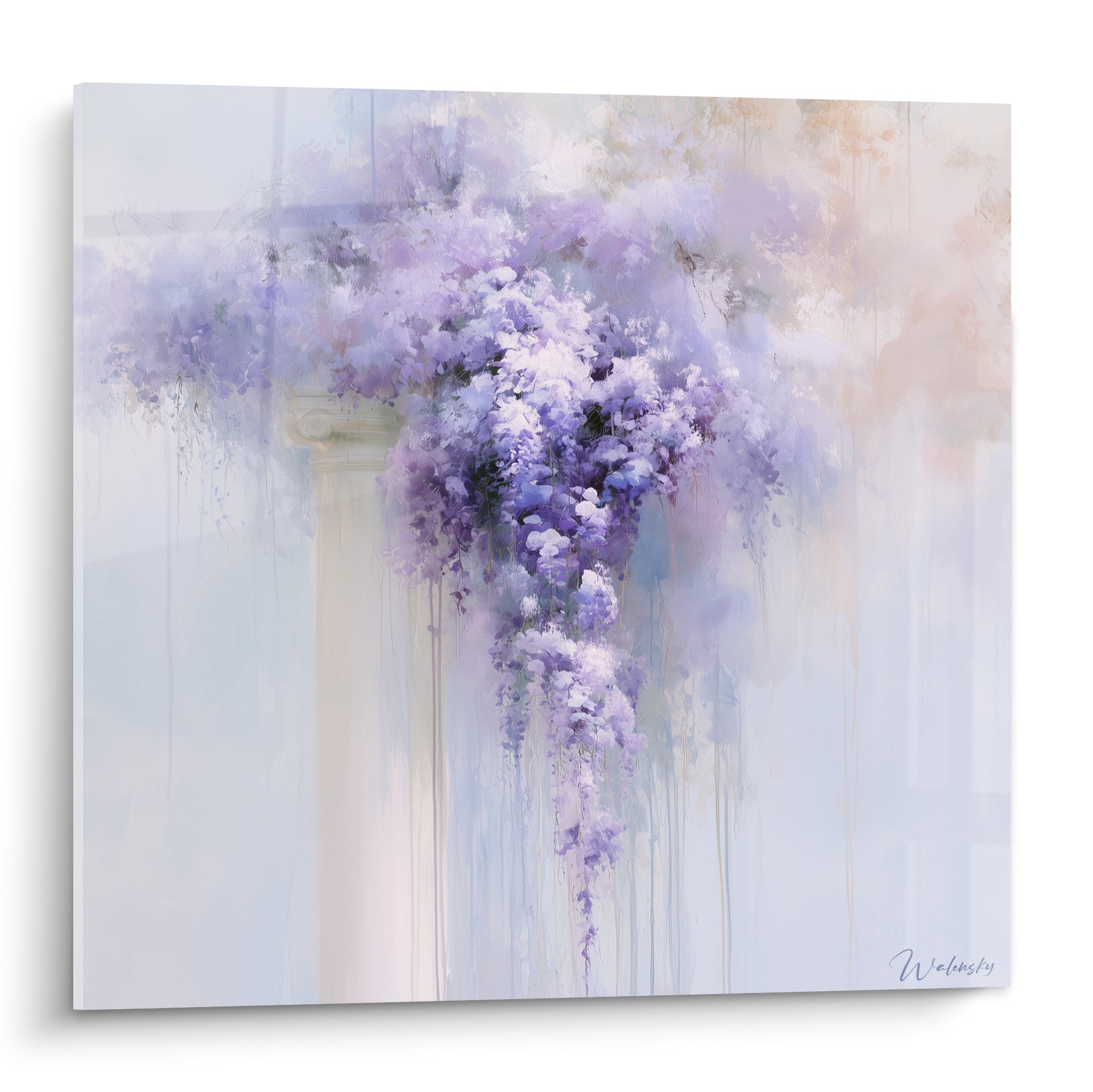 Glycine en grappes mauves et blanches tombant le long d'une colonne pâle, style aquarelle