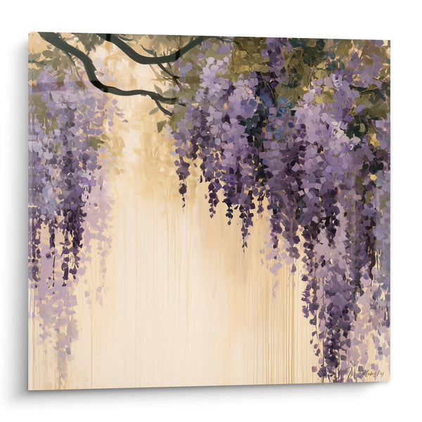 Tableau Glycines mauves et beige doré tombantes - Sentier fleuri au printemps - Edition Glycine