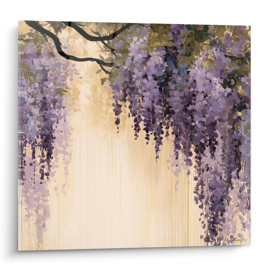 Tableau Glycines mauves et beige doré tombantes - Sentier fleuri au printemps - Edition Glycine
