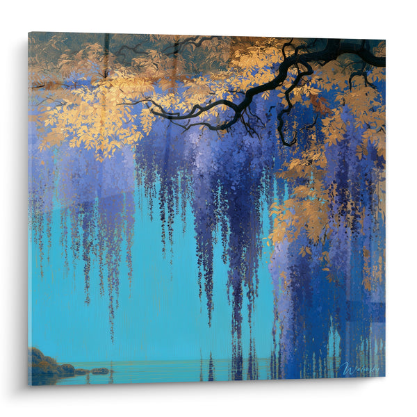 Tableau Grappes indigo et dorées surplombant un lac turquoise - Rochers au bord de l'eau - Edition Glycine