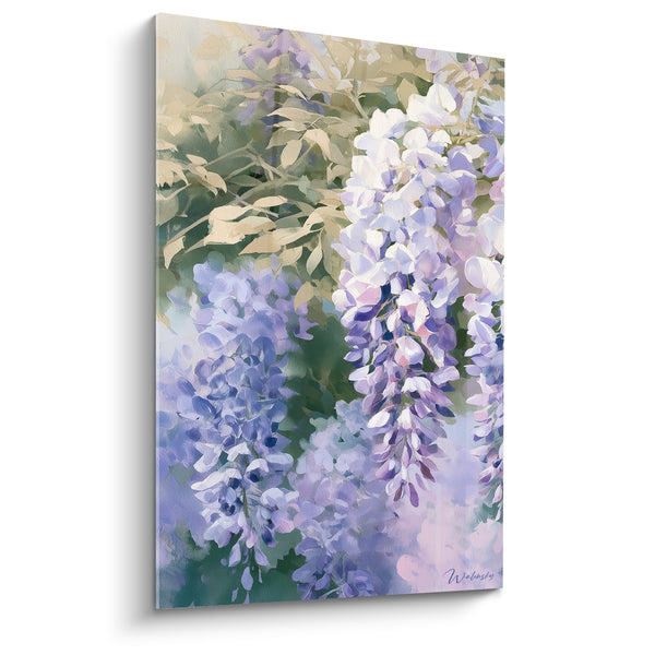 Tableau Grappes mauves et blanches sous feuillage beige clair - Gros plan floral rapproché - Edition Glycine