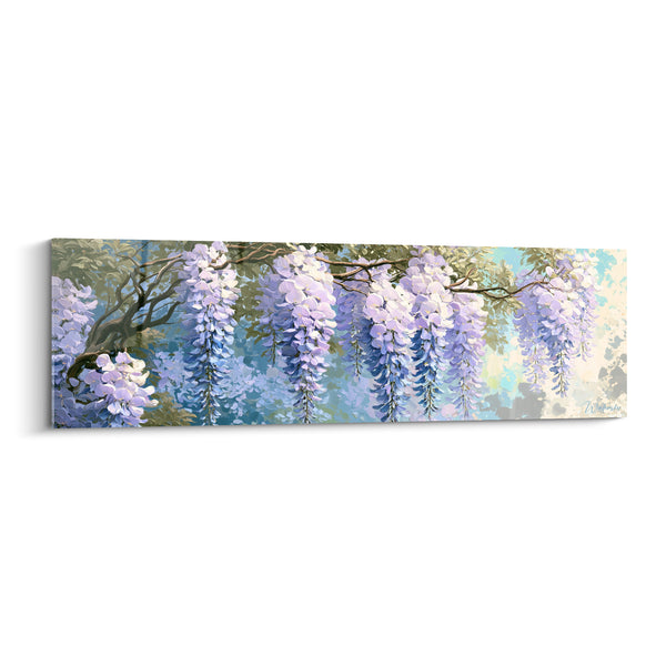 Tableau Grappes mauves et blanches sur fond turquoise éclaboussé - Branche horizontale étirée - Edition Glycine