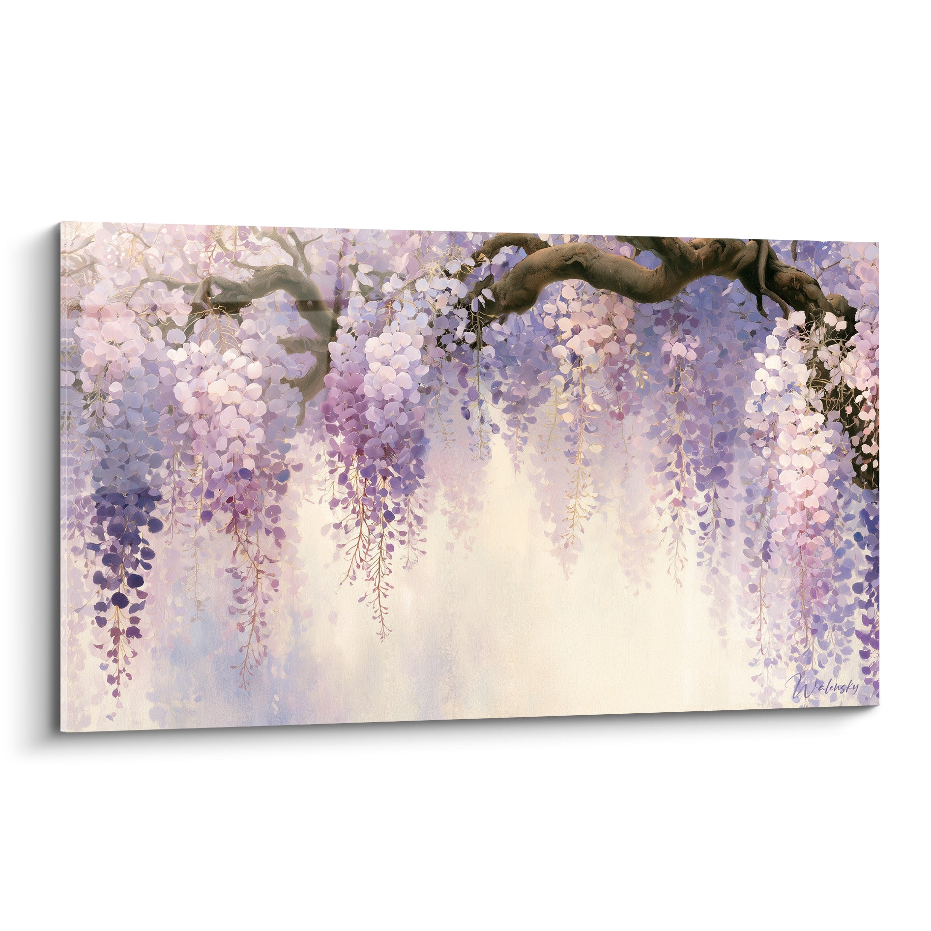 Glycine mauve et rose en cascade sur branche brune noueuse, style aquarelle délicat