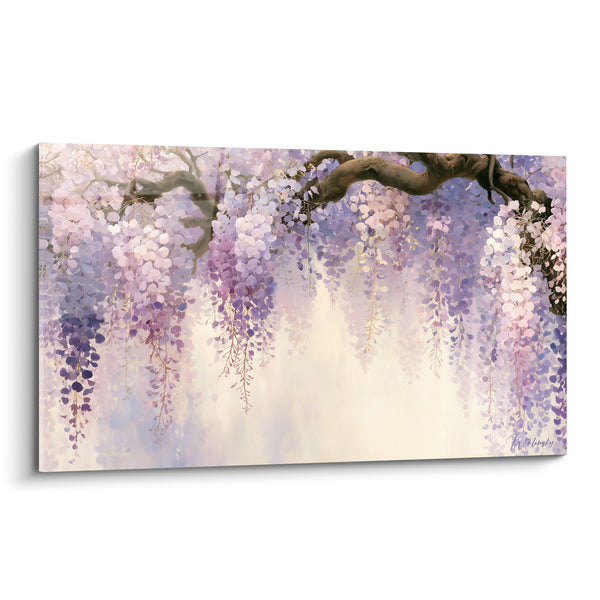 Tableau Branche noueuse aux grappes mauves et roses tombantes - Éclaircie centrale lumineuse - Edition Glycine