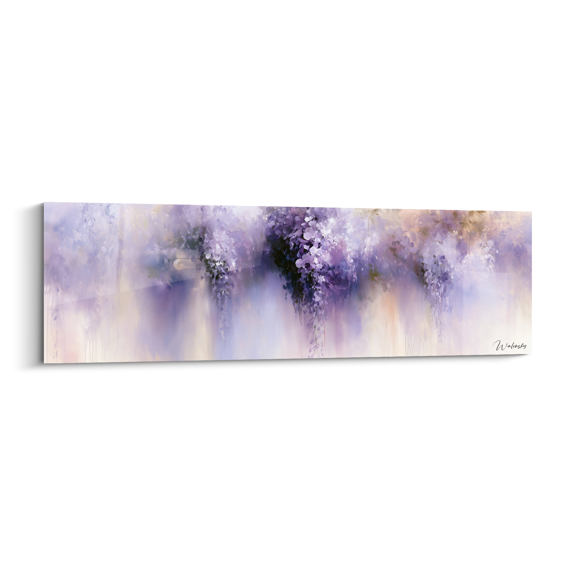 Glycine mauve et blanc laiteux en cascade florale, style aquarelle vaporeux et lumineux