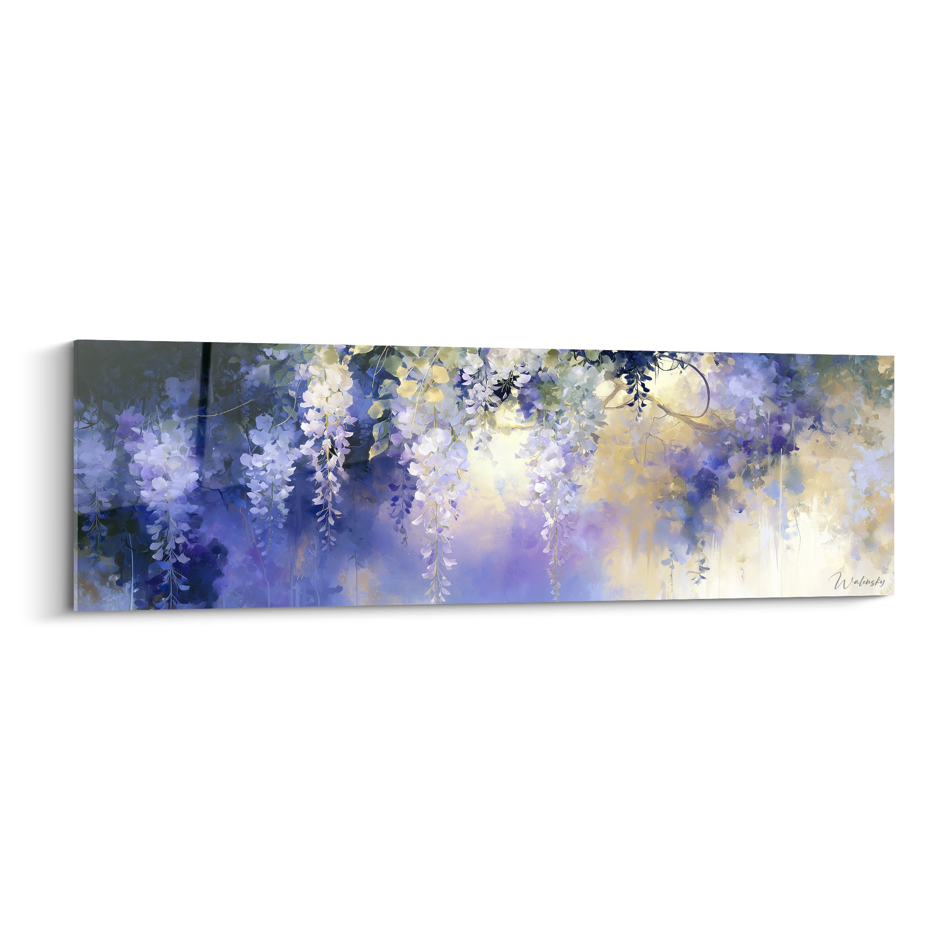 Glycine mauve et dorée en grappes suspendues, style aquarelle lumineux et délicat