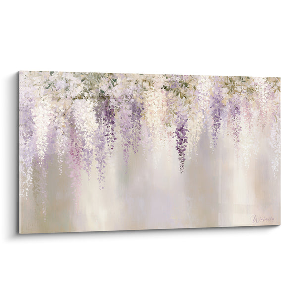 Tableau Grappes mauves et ivoire au feuillage discret - Fond beige estompé - Edition Glycine