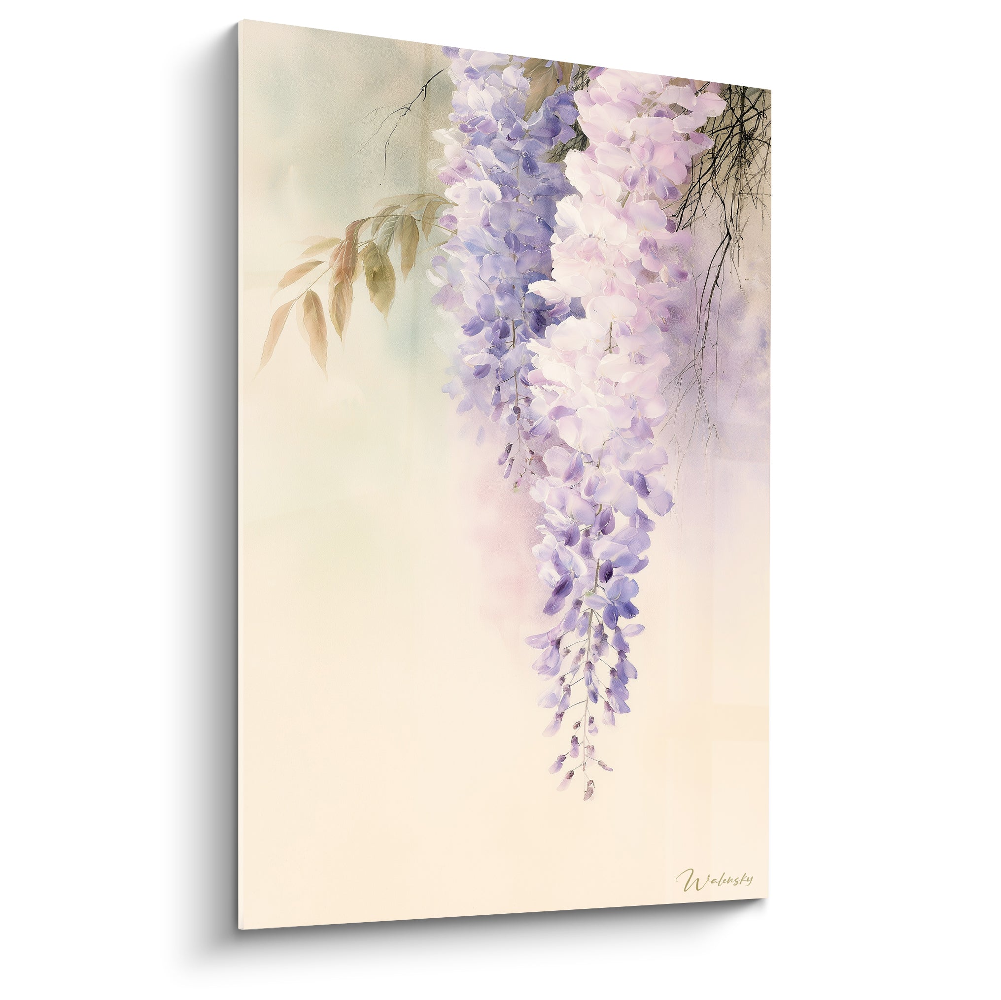 Glycine mauve et rose en cascade sur fond ivoire, style aquarelle délicat et lumineux