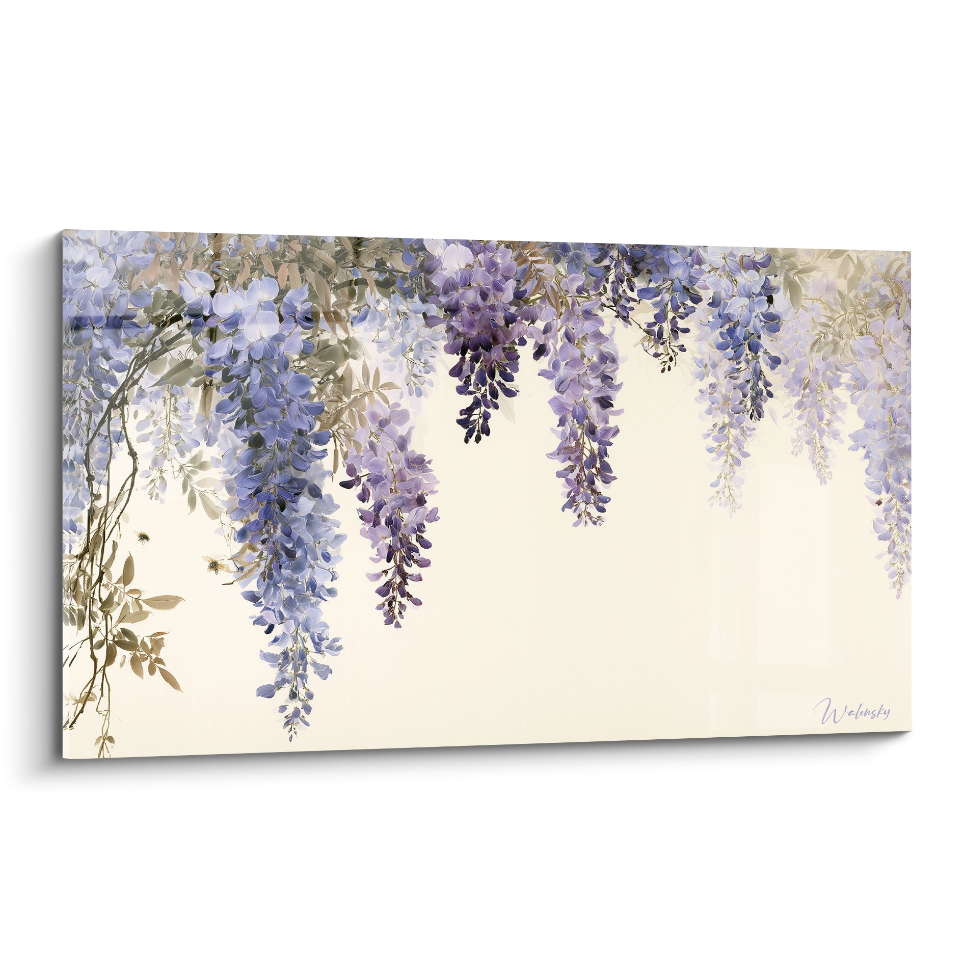 Glycine mauve et violette en grappes tombantes sur fond ivoire, style aquarelle délicat