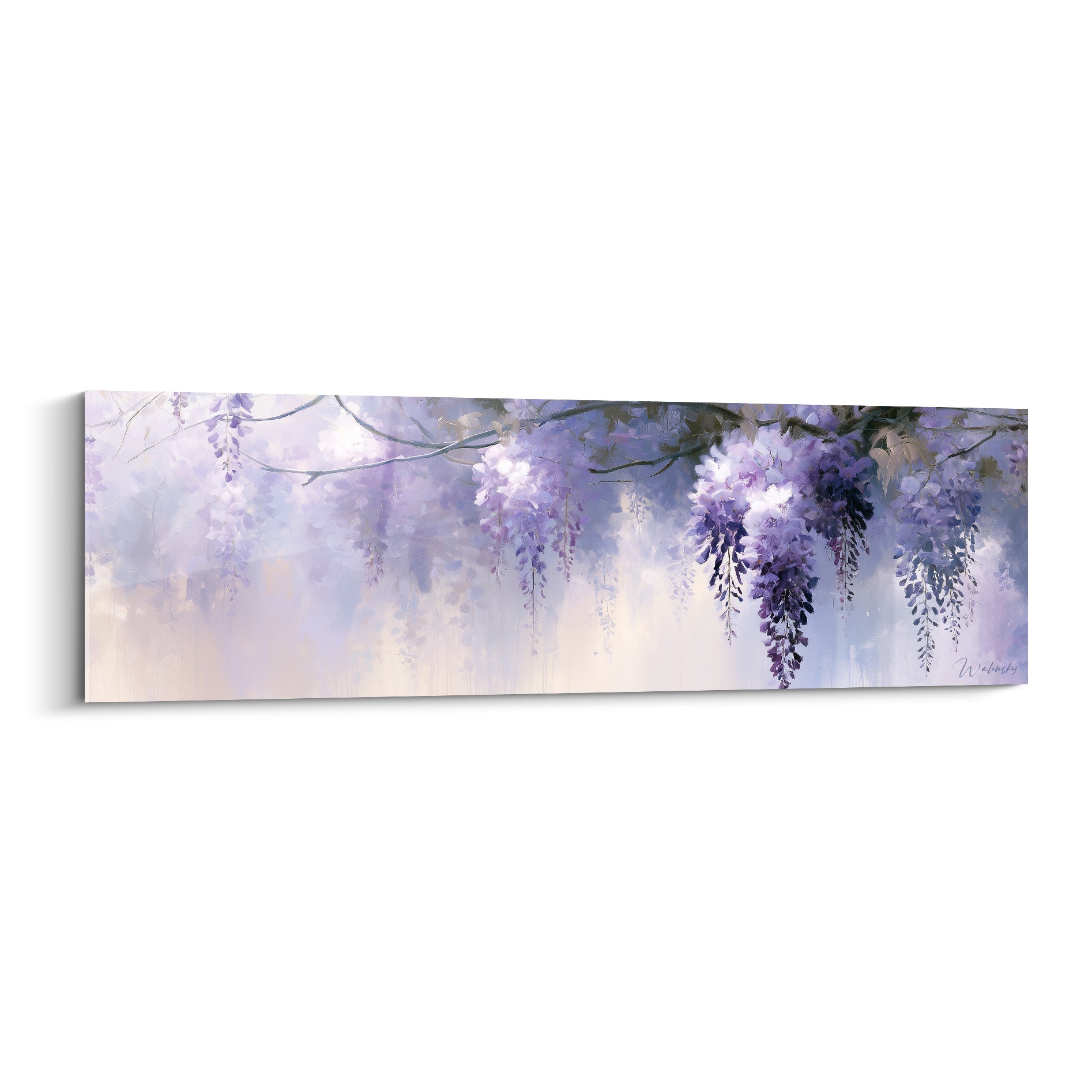 Glycine mauve et blanche en cascade, grappes suspendues sur fond bleu pastel embrumé