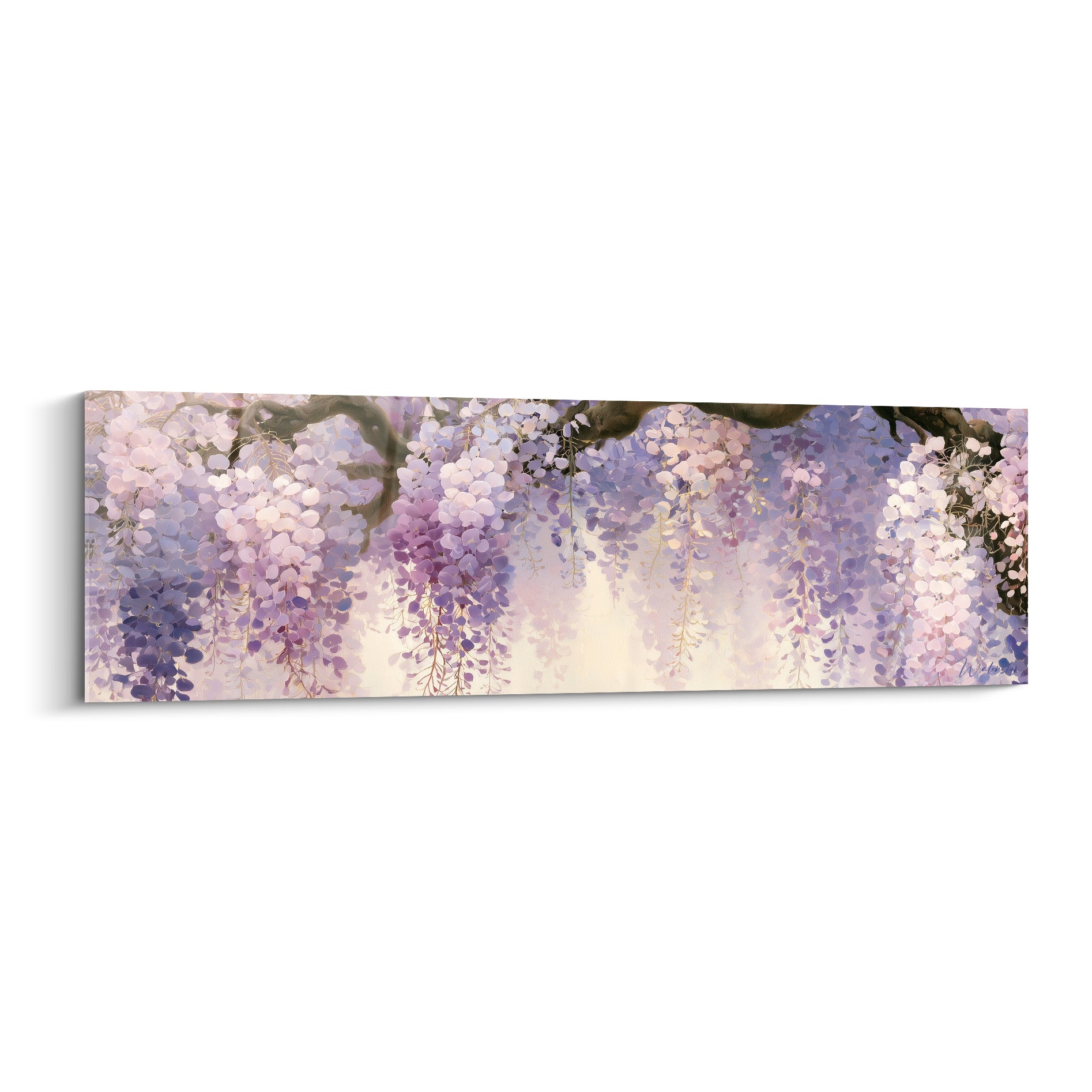 Glycine mauve et blanche en cascade sur fond ivoire lumineux, branches brunes sinueuses, style aquarelle