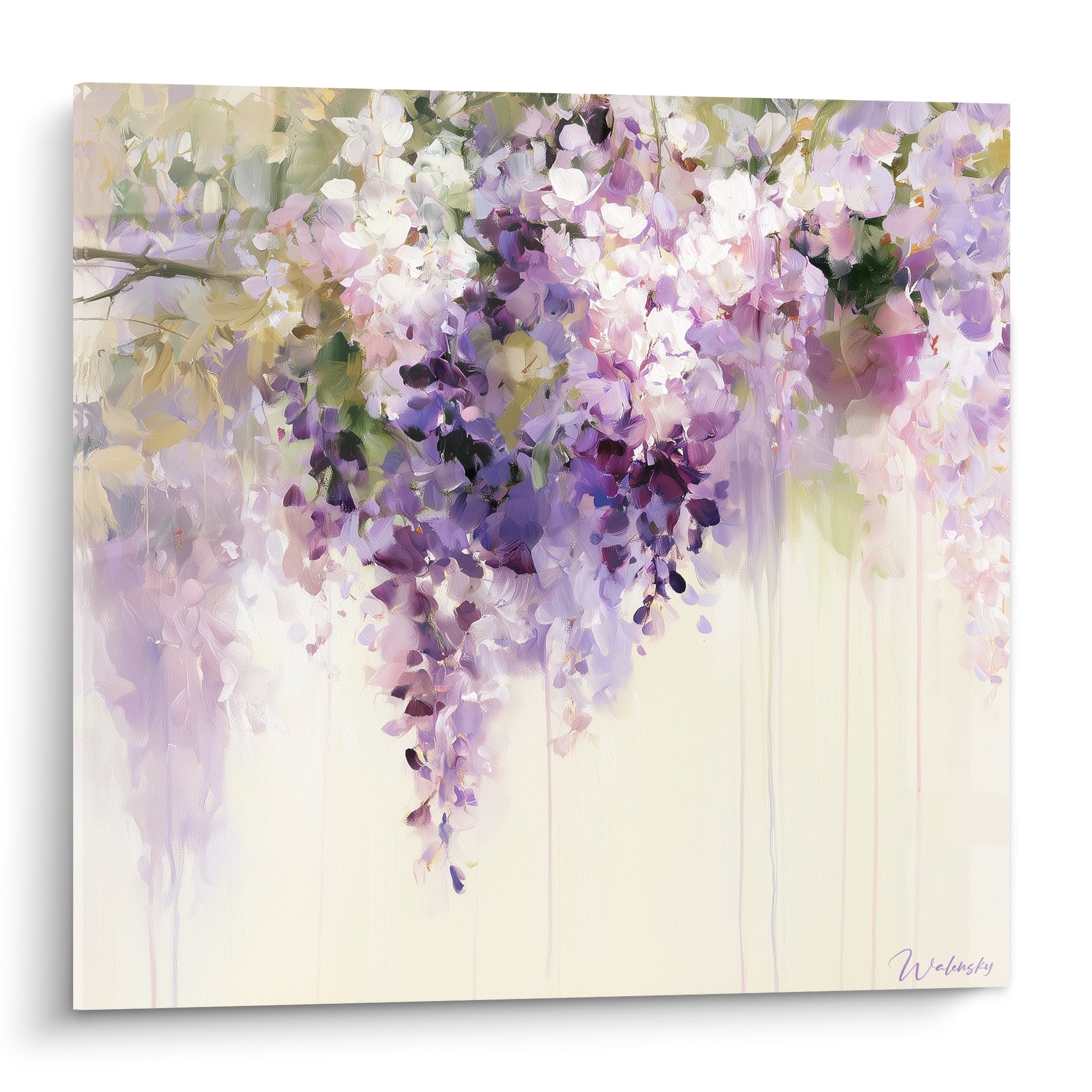 Glycine mauve et blanche en grappes tombantes, peinture fluide sur fond ivoire clair