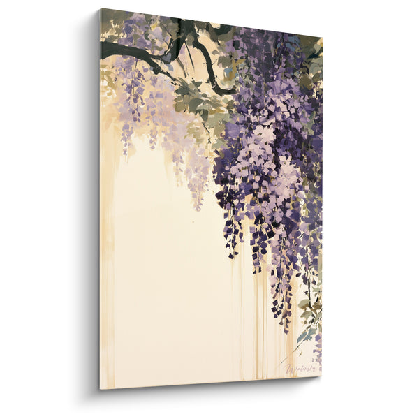 Tableau Grappes violettes et crème sur branche noueuse - Coulures dorées verticales - Edition Glycine