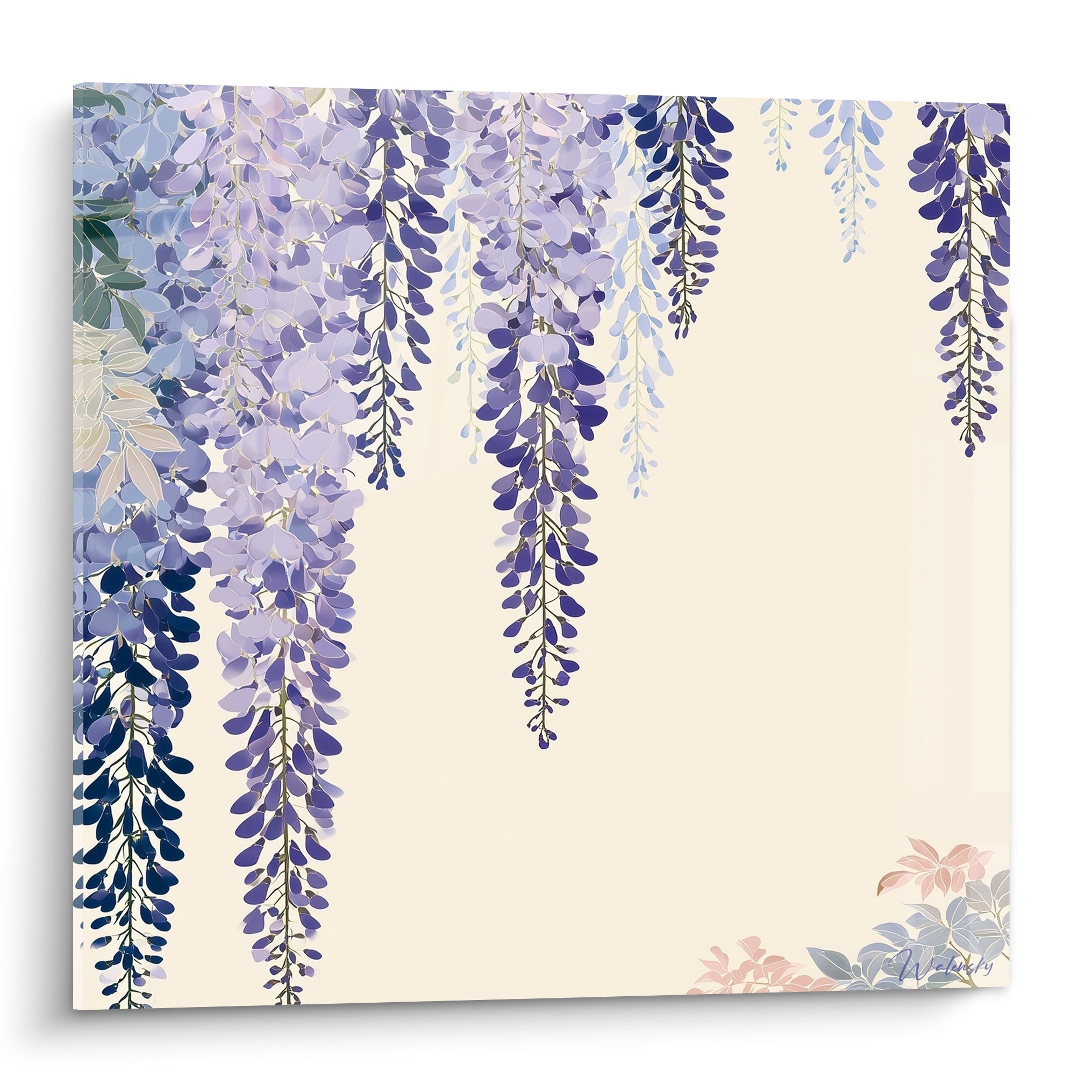 Grappes de glycine mauve et bleu marine en cascade sur fond ivoire, style japonisant délicat