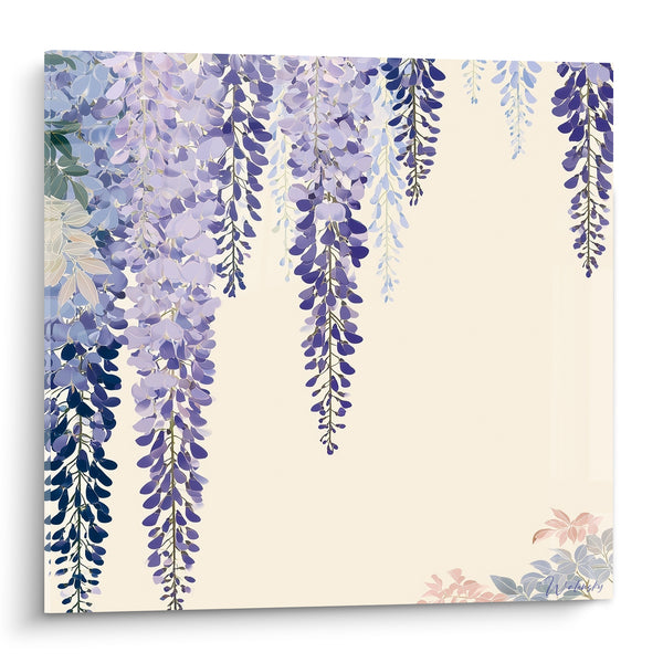 Tableau Grappes violettes et ivoire aux feuilles roses discrètes - Coin fleuri délicat - Edition Glycine
