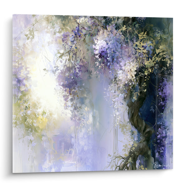 Tableau Tronc torsadé aux grappes violettes et blanches sur lumière éclatante - Percée de clarté - Edition Glycine