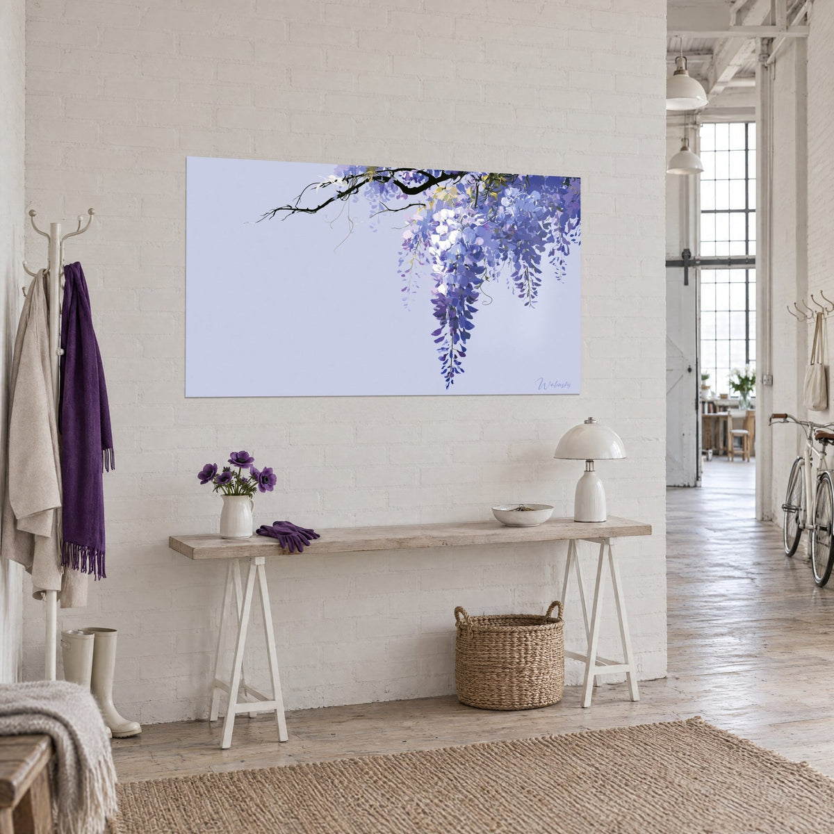 Wall art indigo blue flower clusters hanging from a dark branch on lavender background, three-quarter view, blonde console