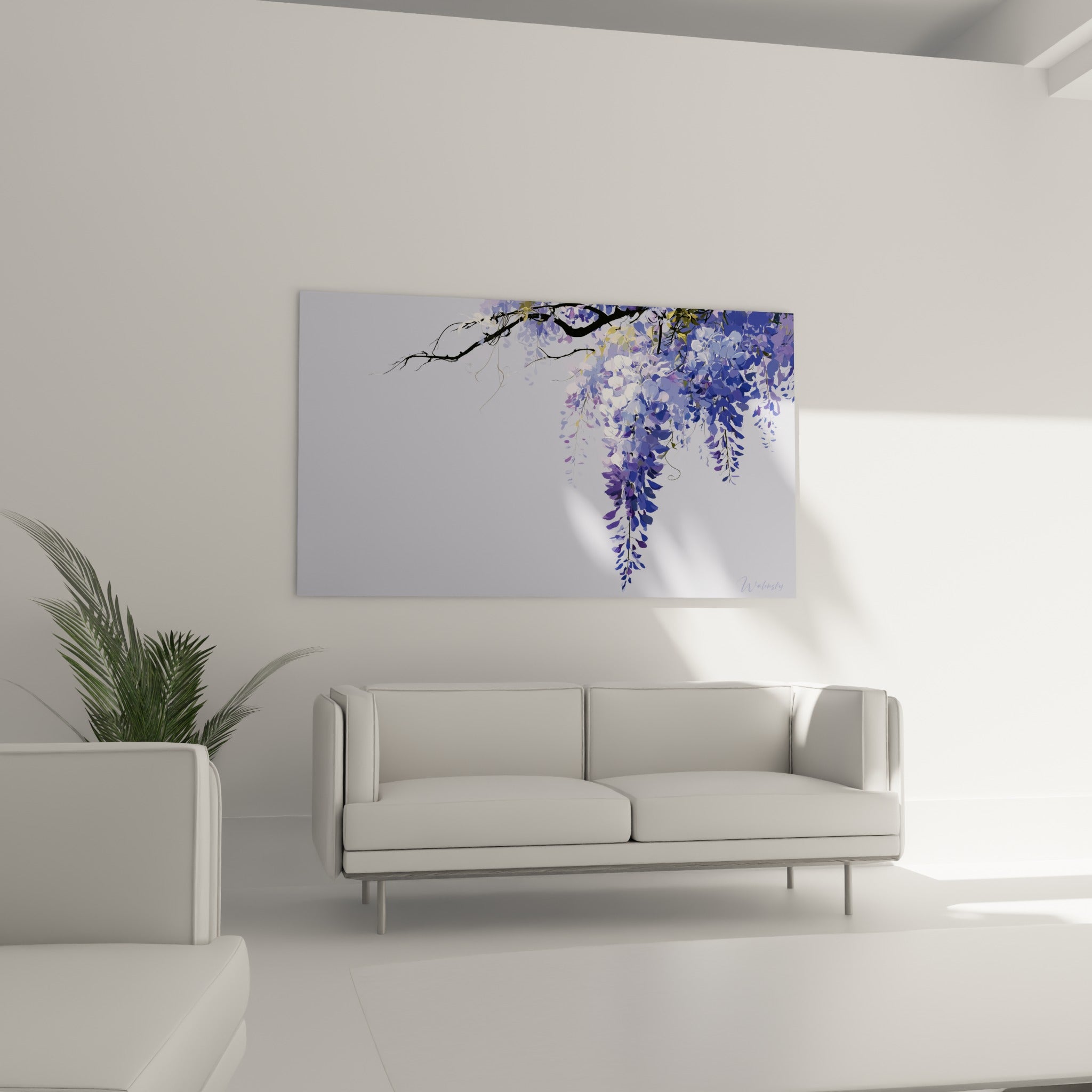 Grappes de glycine bleu pervenche et mauve retombant en cascade au-dessus d'un canapé dans un salon lumineux