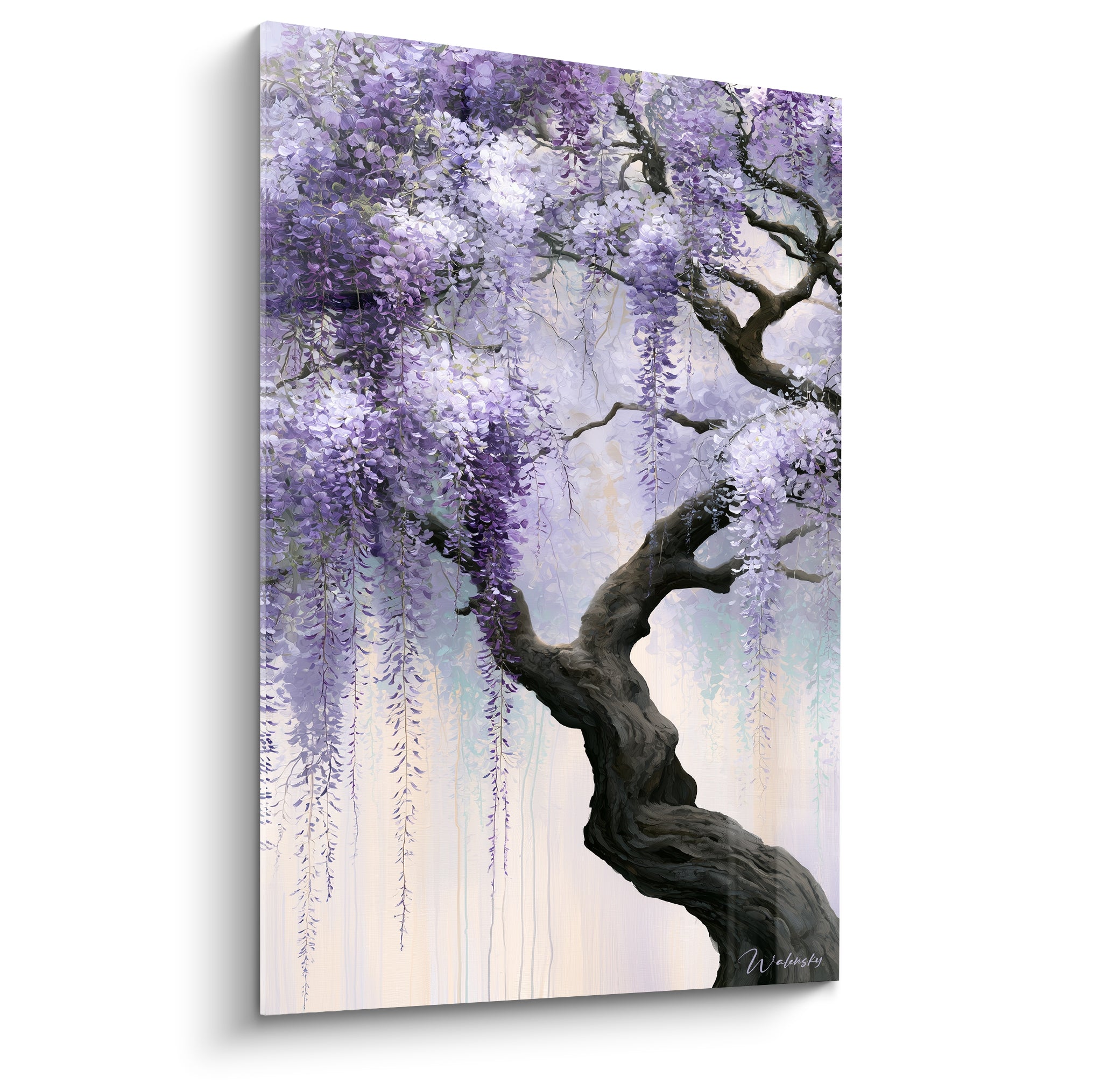 Glycine mauve en cascade sur tronc brun noueux, dégradé violet et blanc, style aquarelle délicat