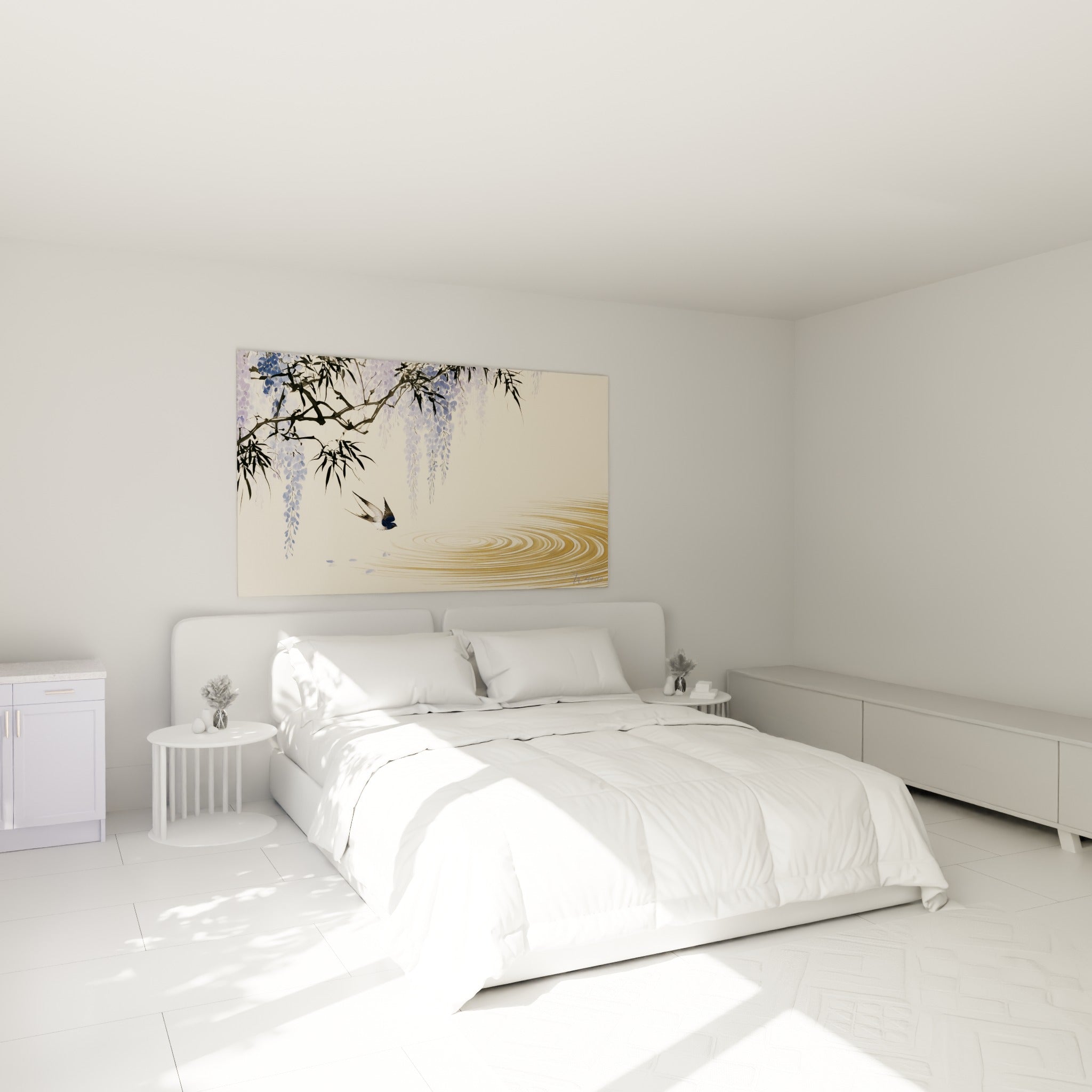 Grappes de glycine mauve et hirondelle en vol au-dessus d'un lit dans une chambre claire