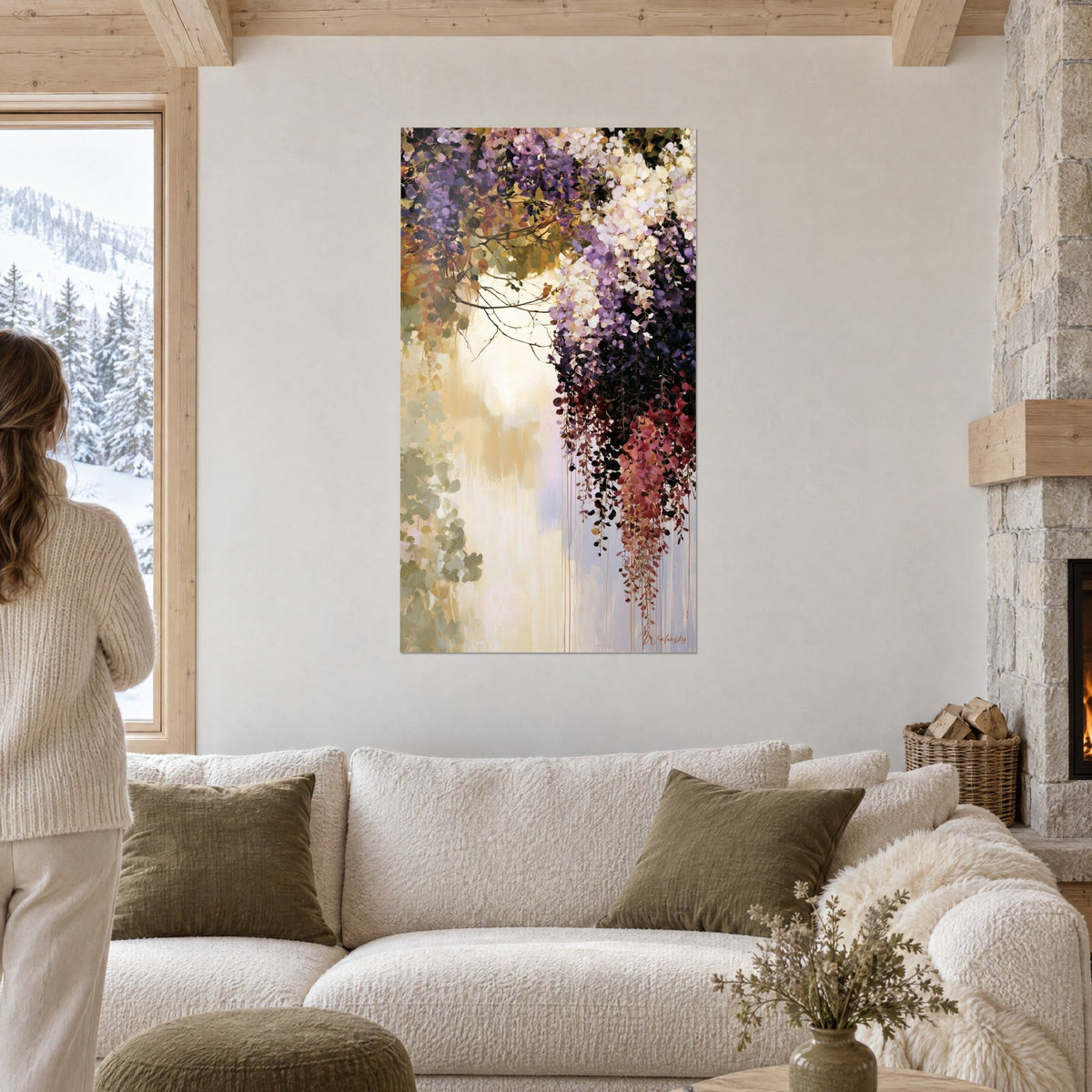 Wall art lilac wisteria in violet and cream clusters, drooping olive branch, above a sofa in a bright living room